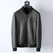 European imported original ecological fur one mens leather fur jacket fashion short baseball jacket