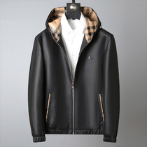 Classic check autumn fashion short slim sheepskin jacket casual hooded leather leather jacket mens coat