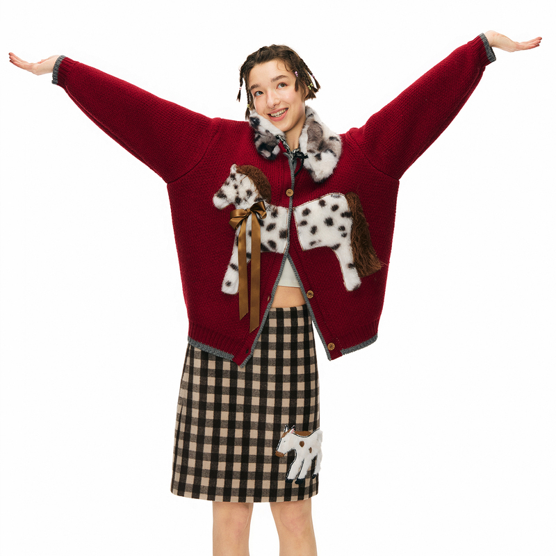 Outtheblue “Winter of the Spotted Pony” Patchwork Embroidered Wool Thick Knit Red Sweater Cardigan Jacket