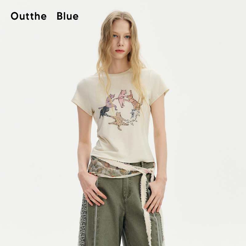 Outthe Blue "Dancing Cat" New Summer Round Neck Printed Lyocell Linen Fitted Short-Sleeved T-Shirt for Women