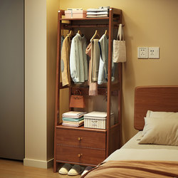 Solid Wood Bedside Table with Integrated Clothes Rack, Bedroom Home Floor-Standing Coat Rack, Bedside Storage Cabinet, Small Apartment Storage Rack