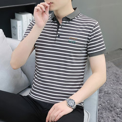 ເສື້ອຢືດ POLO ແບບກະຕືລືລົ້ນ Lapel striped casual shirt for men 2024 summer trend t-sleeved short-sleeved t-shirt youth high-end cotton top