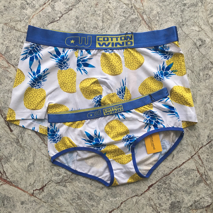 Fashion fruit series White pineapple print couple underwear cotton waist men's boxer women's breifs