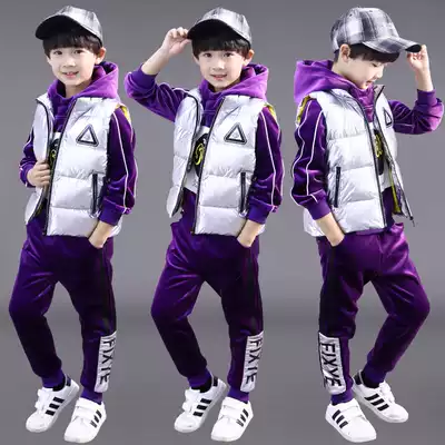 Boys autumn and winter suit 2020 new children's clothing middle and large children's clothing boys plus velvet thickened gold velvet sweater three-piece set