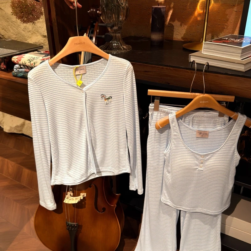 Mishiti【Heartfelt Little Zebra Blue Striped Three-Piece Set】Niche Trendy Brand Designer Loungewear That Can Be Worn Outside Mishiti【Heartfelt Little Zebra Blue Striped Three-Piece Set】Niche Trendy Brand Designer Loungewear That Can Be Worn Outside