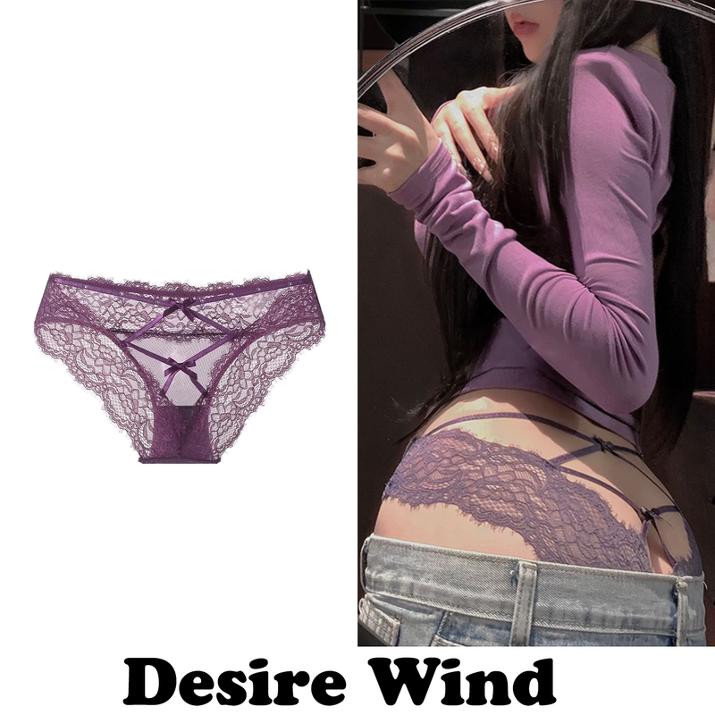 『Desire』Beautiful Lace Panties for Women with Eyelash Cross-Ties, Hollowed-Out Pure Cotton Crotch, Breathable and Comfortable Briefs