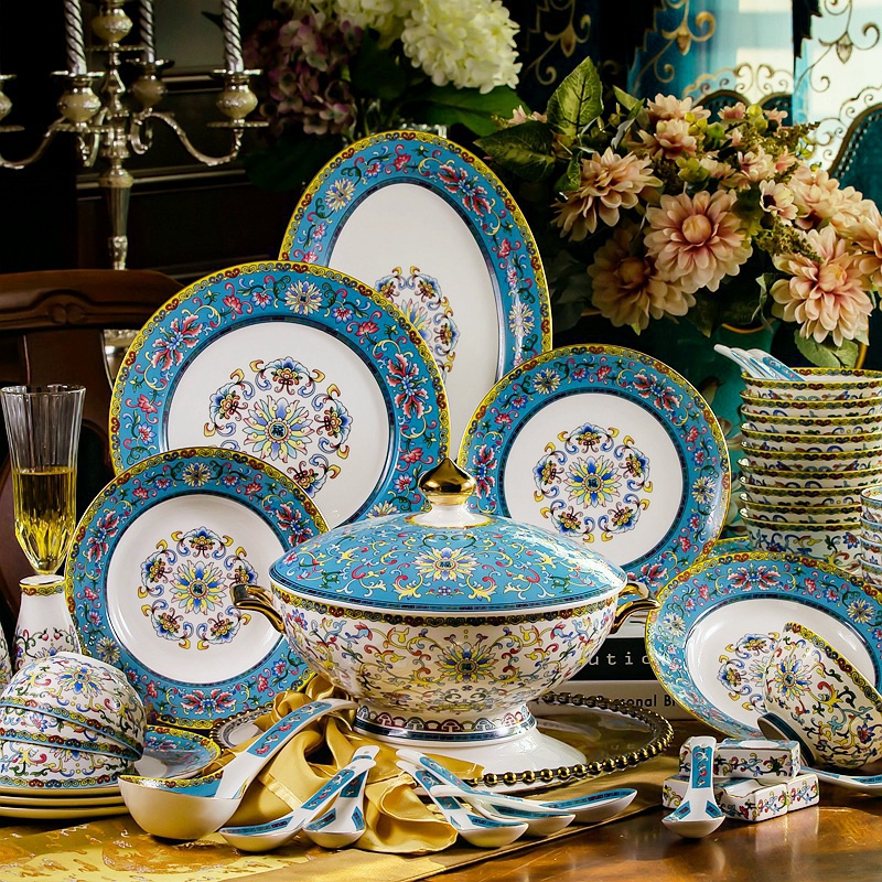 Ipads China tableware suit household of Chinese style ceramic bowl plate colored enamel dishes suit housewarming moving wedding gifts