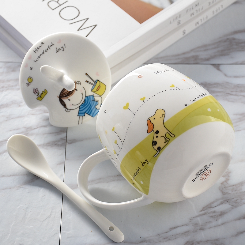 Ipads porcelain cup creative couples mark cup with cover with a spoon, glass ceramic cup tea cup of oatmeal milk cup