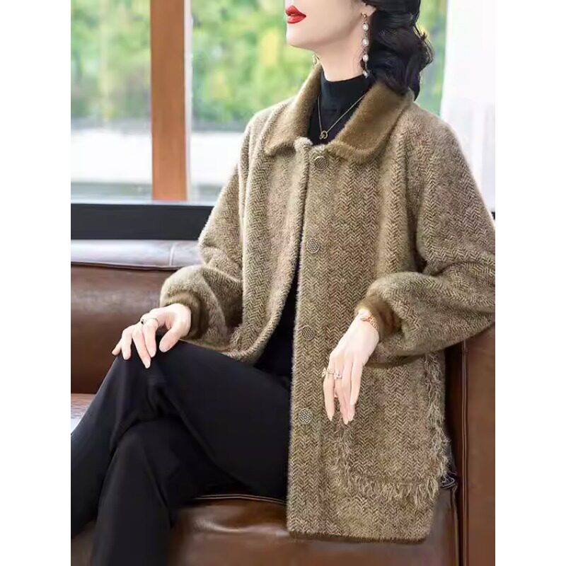秋冬新款大码时尚女士毛呢短外套上衣休闲中年妈妈装水貂绒大衣厚