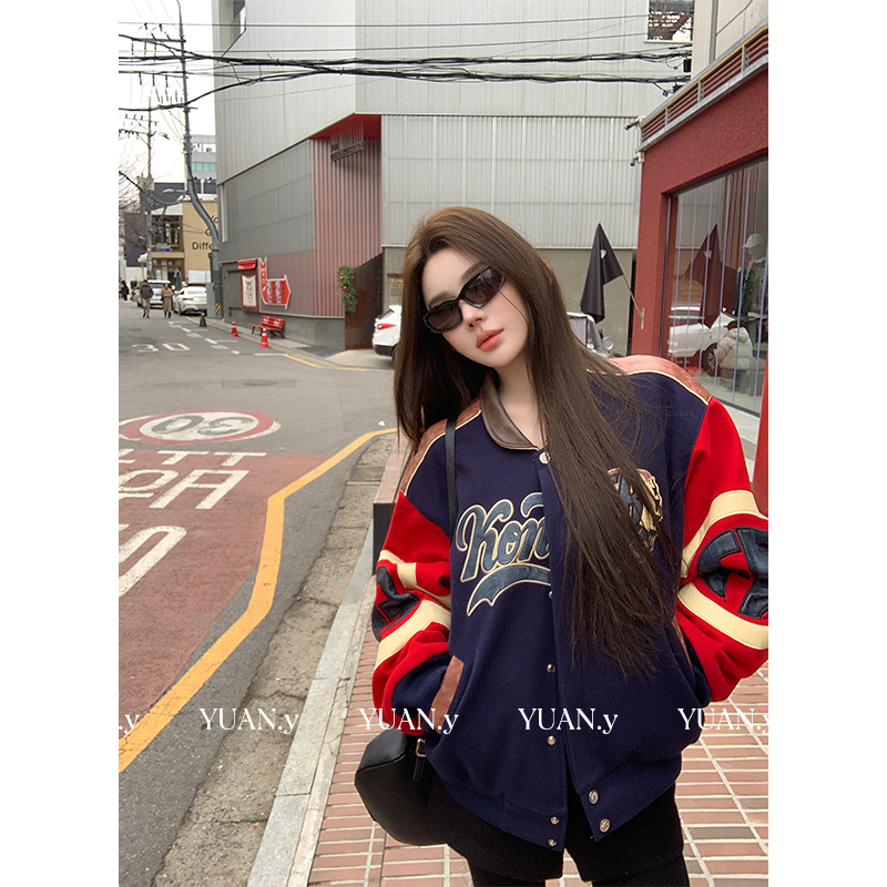 Yuanyuan [American Olive School Team] American Retro Color-Blocking Loose Baseball Jacket Casual Jacket for Women # W10