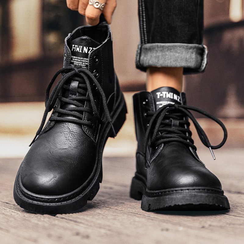 MARTIN BOOTS MENS 2024 NEW AUTUMN WINTER BLACK HEIGHTENED BRITISH CARGO LEATHER BOOTS MENS HIGH TOP LOCOMOTIVE COMBAT BOOTS