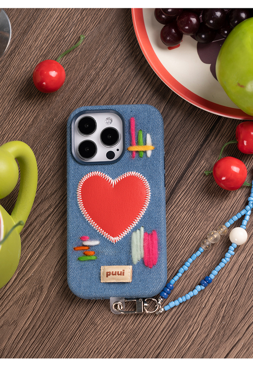 Puui Girls Denim Stitched Heart Chic Stylish With Wrist Lanyard Strap 14, 13, 12 iPhone Case