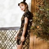 Ретро черное легкое короткое ципао, китайский стиль