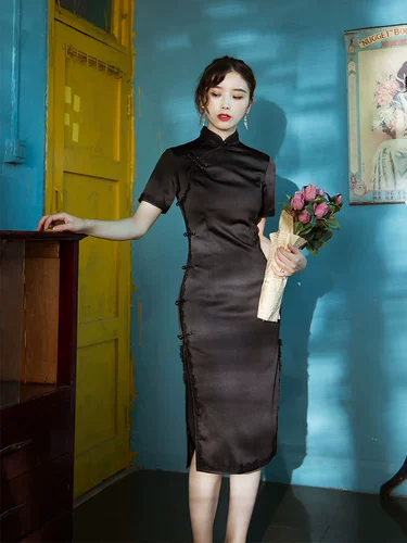 Черное длинное элегантное легкое ципао, платье, китайский стиль