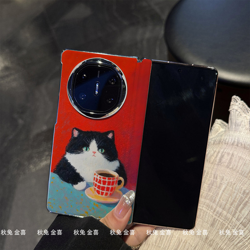 Oil Painting Cat Design Suitable for Huawei Mate X6 Phone Case X7 Central Axis Magnetic Suction Vivoxfold6 New Model Oppo Findn6N5 Protective Cover Magicv6V5 Large Foldable Screen Samsung Zfold76