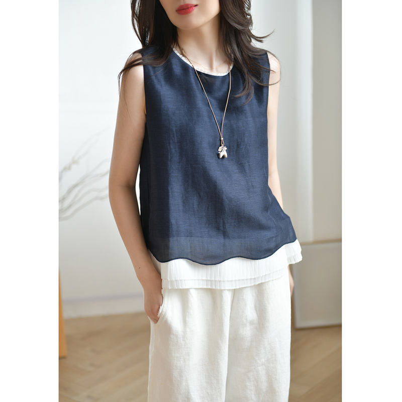 Gesgoo French Style Round Neck Silk Linen Top for Women in Summer with Contrasting Color Hem Design Sleeveless Vest Shirt