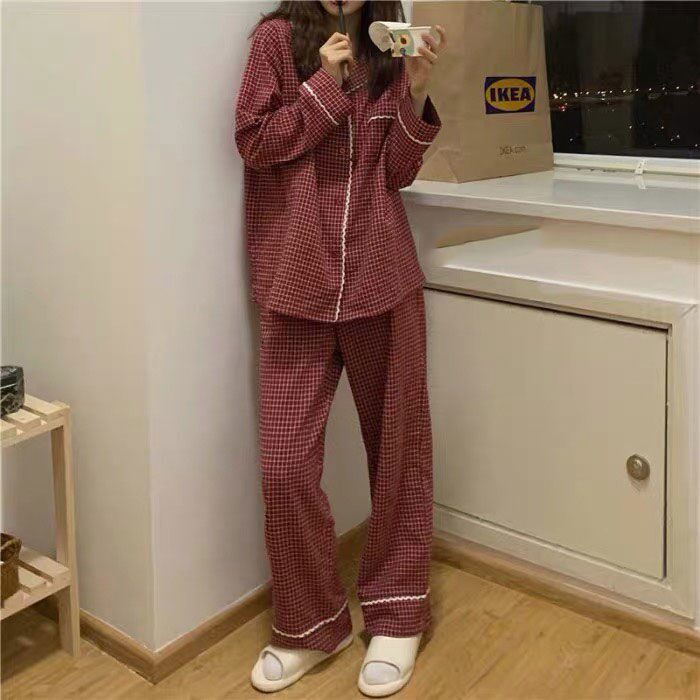 2021 Autumn Winter New Lace Mesh Red Plaid Pyjamas Woman Long Sleeve Jersey Girl's Home Conserved Two Style Suits