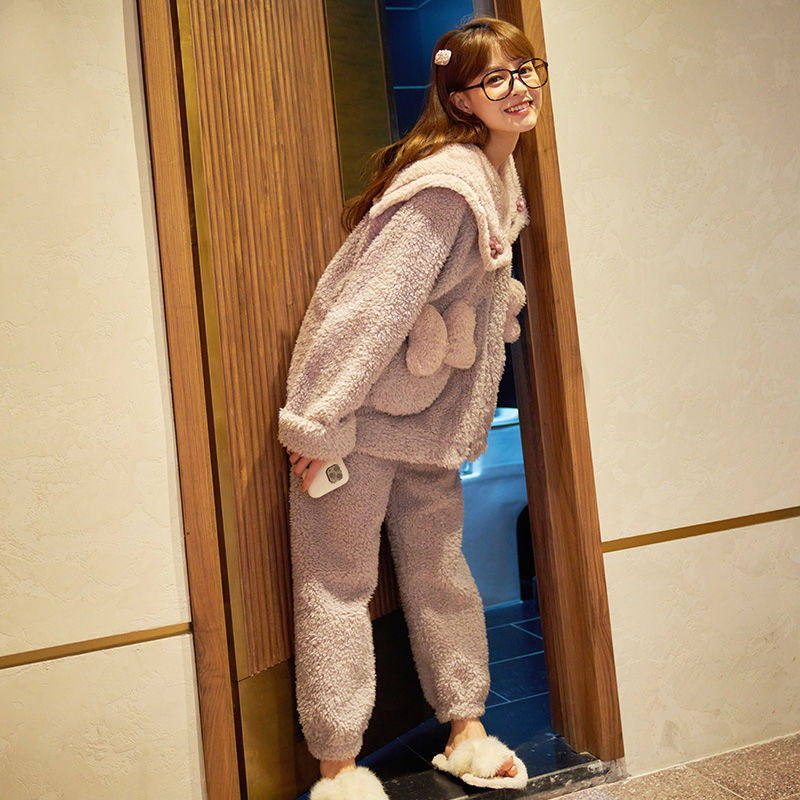 Sleepwear Lady Autumn Winter Coral Suede Thickened with velvety sweet and cute furry flannel Flannel Suit Winter