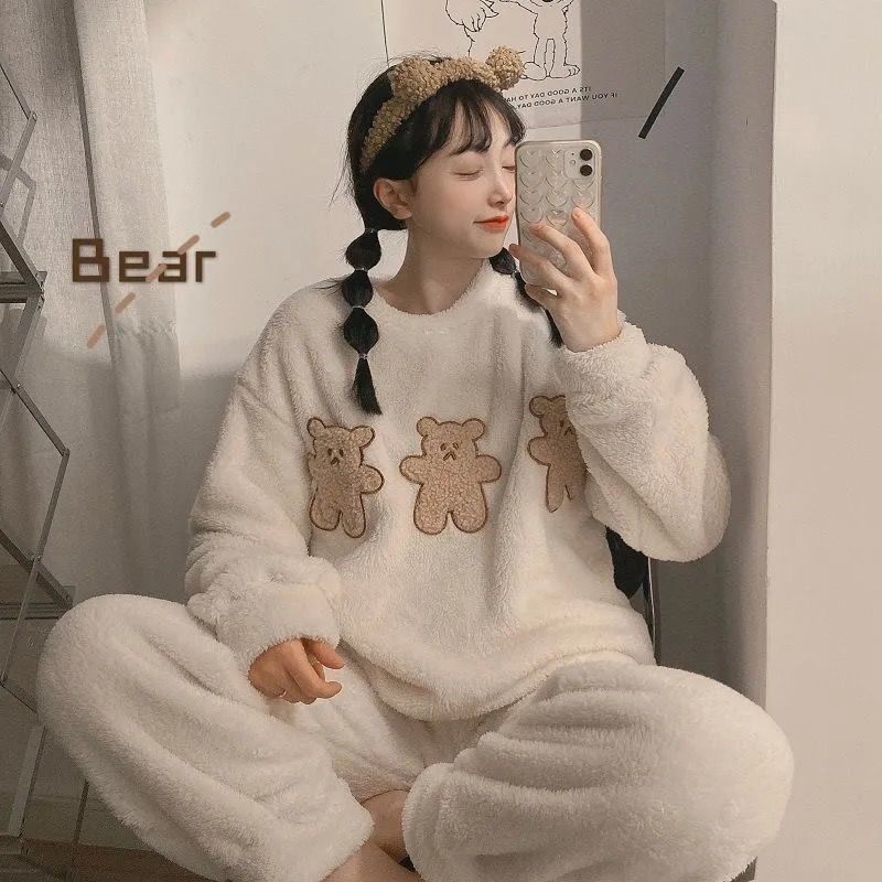 Sleepwear Woman Autumn Winter Korean Version Cartoon Little Fresh Student Bestie Dress Thickened With Cashmere Goat Suede New Year Home Clothes