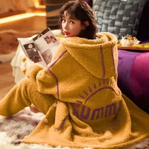 Pyjamas Womens autumn Winter thickened Garsuede Coral Fleece External Wear Korean version Lazy Wind Medium Long flannel suede home clothes