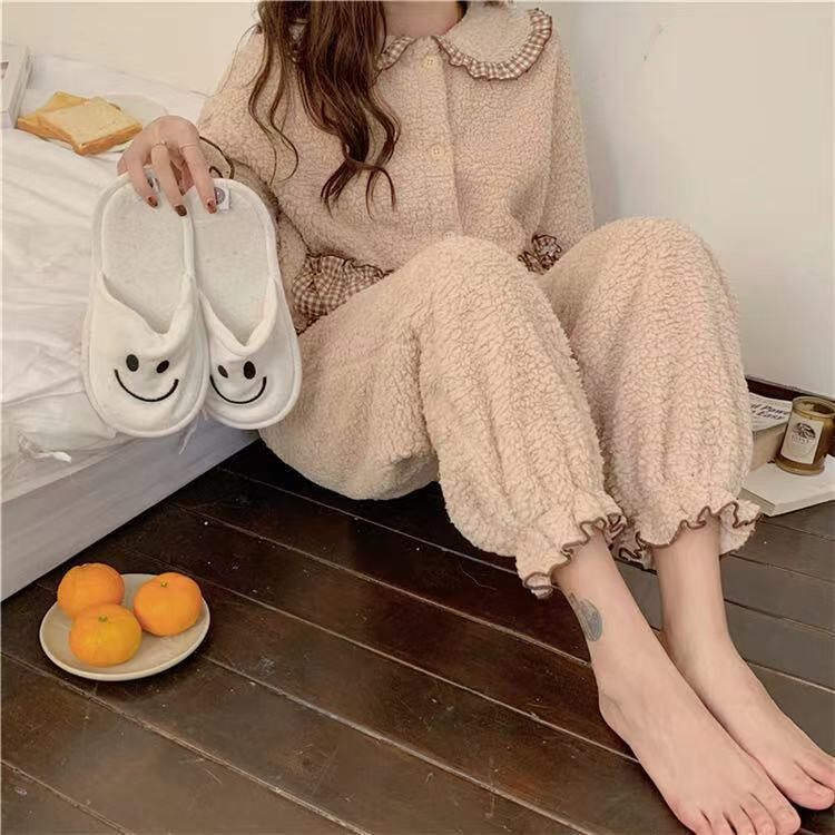 Glint Thickened Pyjamas Woman Autumn Winter Suit Students Can Outwear Cute Dolls Collar Tennis red Warm Family Clothing