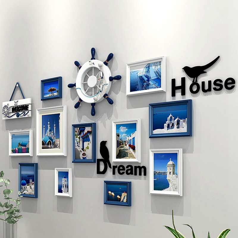 Children's room creative photo wall Boy bedroom photo frame combination Mediterranean solid wood photo frame Dining room background wall hanging painting