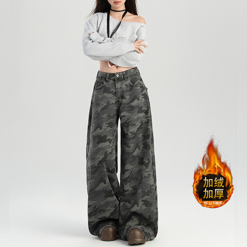 アメリカのハイストリートワークウェア、女性用ワイドレッグ迷彩ジーンズ、ベルベットスプリングレトロハイウエストルーズスリムストレートパンツ