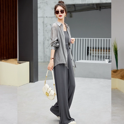 Весенняя летняя одежда, рубашка для отдыха, штаны, комплект, защита от солнца, 3 предмета, в западном стиле