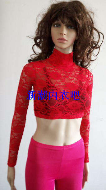 Korean Style Women's Slim-Fit Versatile Red Lace Shirt Mesh Hollow-Out Half-Length Sexy Transparent Base Shirt Stretchy Shirt T-Shirt