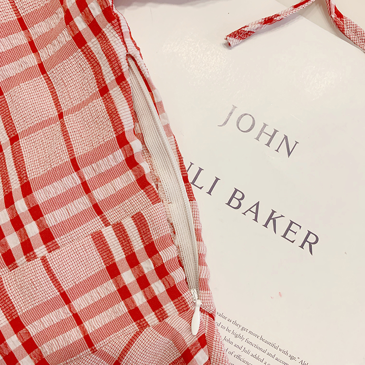 VK旗艦店 韓系娃娃領高腰袖子扎帶顯瘦格紋短袖洋裝