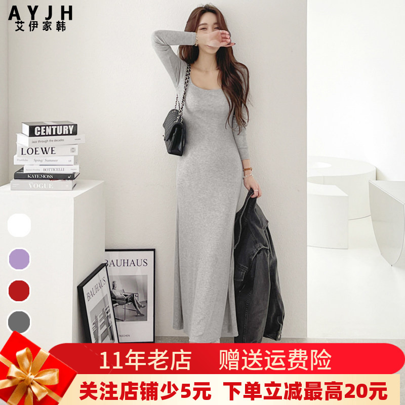 Spring Modal Cotton Square-Neck Sexy Long-Sleeve Bodycon Dress with French-Style Cinched Waist and Side Slit
