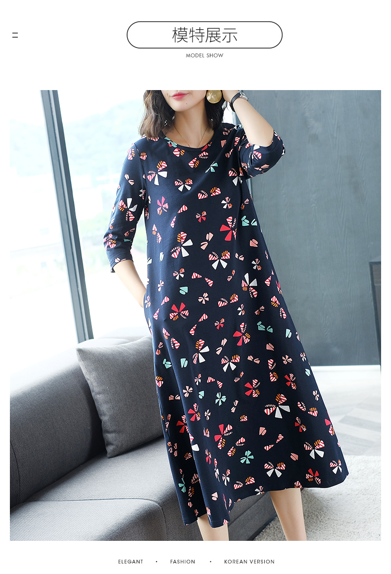 Váy xuân hè 2019 nữ mới size rộng đầu gối dài váy cotton giản dị đầu thu tay áo hoa - Váy dài đầm 2 dây suông dài