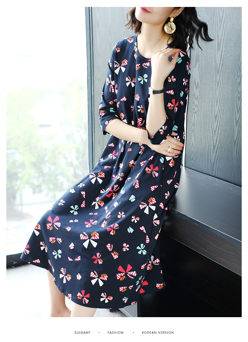 Váy xuân hè 2019 nữ mới size rộng đầu gối dài váy cotton giản dị đầu thu tay áo hoa - Váy dài đầm 2 dây suông dài