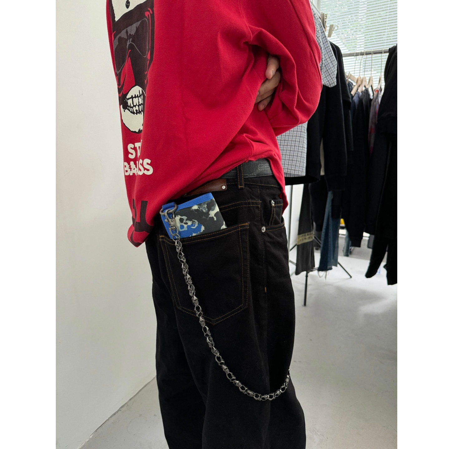 In Stock Erl Fw24 Blue Heavy-Duty Skull Chain Wallet with Vintage