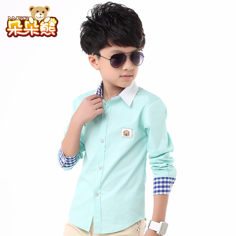 Làm gấu boy áo sơ mi dài tay lớn cậu bé ve áo áo cardigan mới nam cotton mùa thu váy trẻ em.