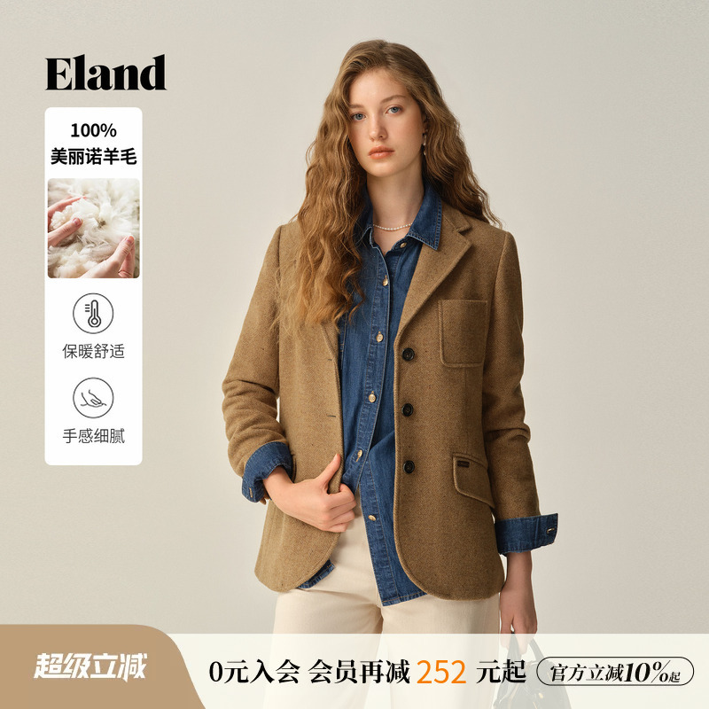 [100% Merino Wool] Eland Women's Commuter Herringbone Wool Suit Jacket Winter New Style