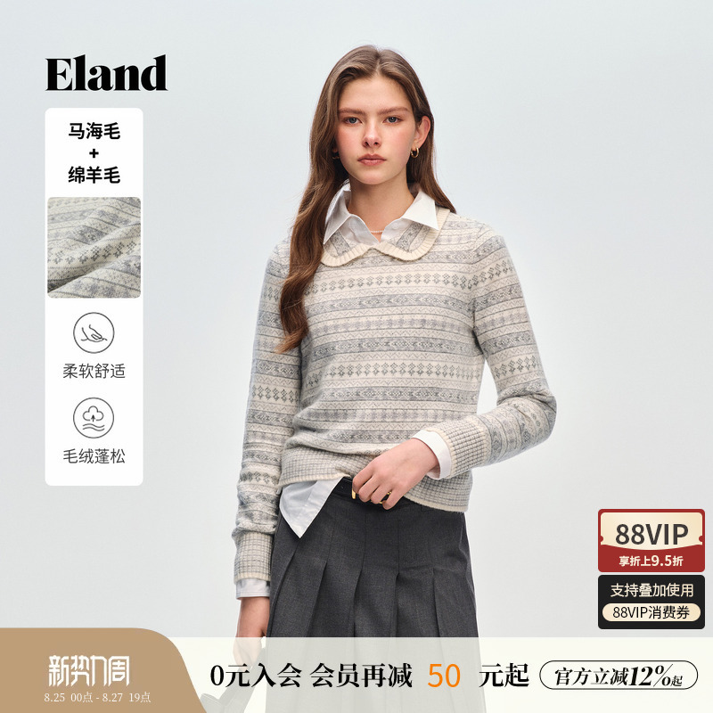 【Mohair + Sheep Wool】Eland Women's Fair Isle Jacquard Knit Sweater 2026 Spring New Collection 【Mohair + Sheep Wool】Eland Women's Fair Isle Jacquard Knit Sweater 2026 Spring New Collection