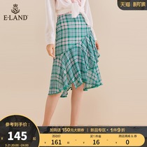 ELAND Clothing Romance Spring Temperament Design Sensation Irregular Plaid A-word skirt with a long half-body dress lady
