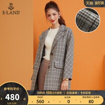 ELAND clothes romance new minimalist suit collar with two buttons grey plaid big coat woman