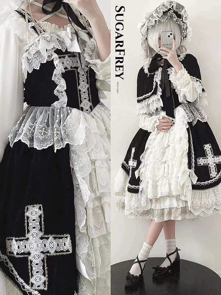 Платье JSK Lolita (SugarFrey) Angel Type II — многослойное кружево с плащом и чепчиком, цвет «Shadow»