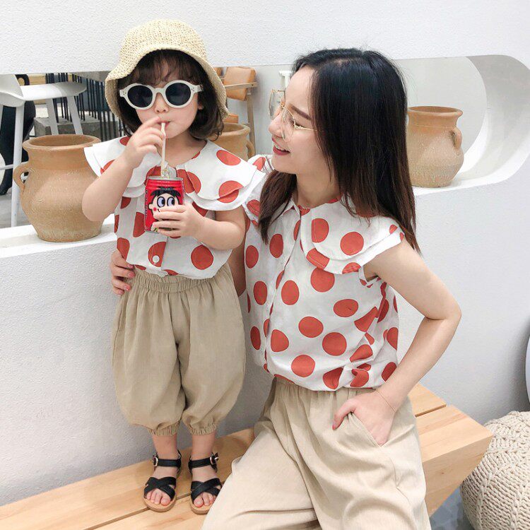 Net Red Ocean Parenting Mother Daughter Dress 2021 Summer Dolls Collar Dots Blouses Casual Light Cage Pants Two Sets