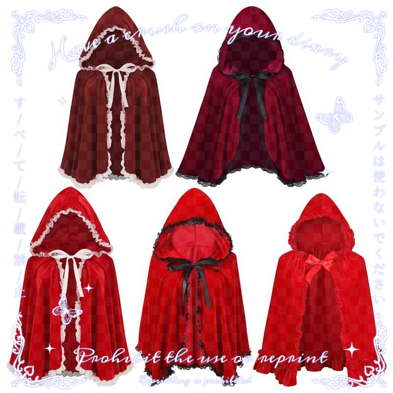 Japanese Anime Two-Dimensional Lolita Red Versatile Little Red Riding Hood Halloween Cape Lace-Edged Cloak Jacket Japanese Anime Two-Dimensional Lolita Red Versatile Little Red Riding Hood Halloween Cape Lace-Edged Cloak Jacket