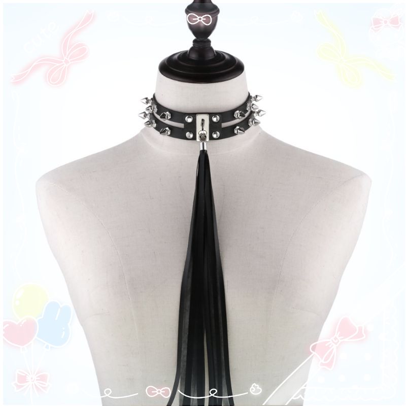 Japanese Gothic Style Subculture Tassel Pendant Neckband Necklace Punk Harajuku Double-Line Rivet Spike Snap Leather Necklace