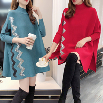 Semi-high neck sequined sweater womens split loose bat sleeve knitwear pullover cape jacket autumn and winter womens