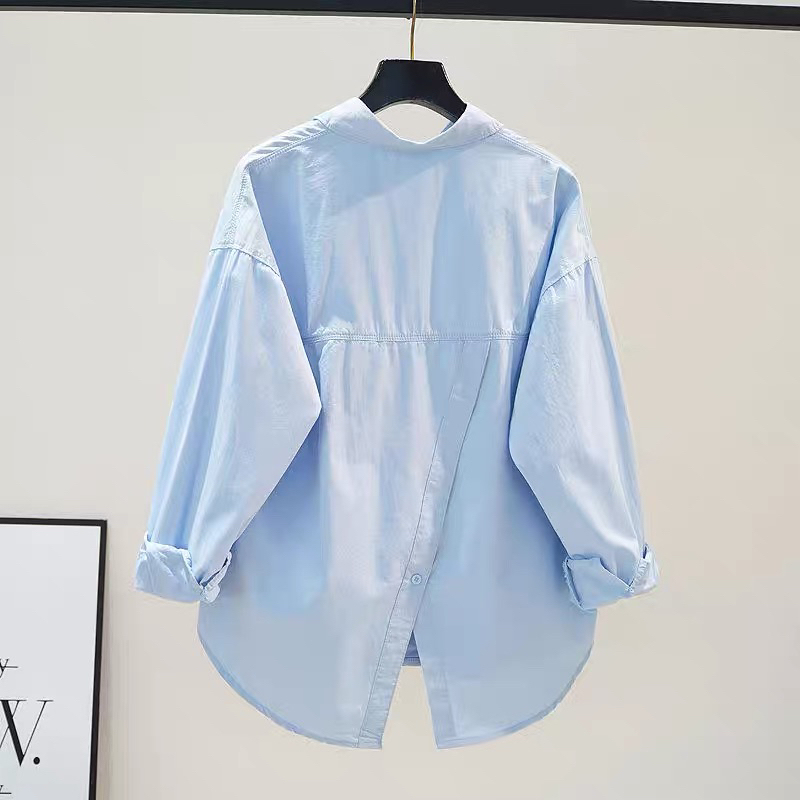 Light Blue Cotton Shirt for Women with a Stylish Design, Back Slit, Loose Fit, 2024 New Fashion Versatile Long-Sleeve Top