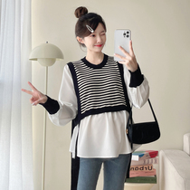 Maternity clothing autumn fake two-piece spliced ​​striped long-sleeved top 2024 new maternity shirt autumn pregnancy T-shirt