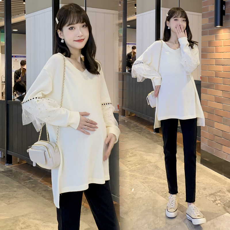 Pregnancy Woman Dress Spring Loaded Fashion Sweet and reduced-age blouse splicing mesh yarn Long sleeves thick cotton T loose T-shirt Spring and autumn jersey