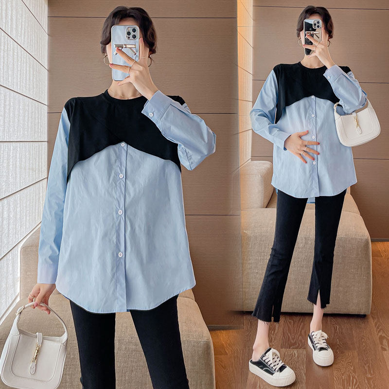 Maternity dress for autumn clothing fake two pieces of parquet with long sleeves shirt 2023 new fashion Korean version of pregnant blouse spring and autumn shirt-Taobao