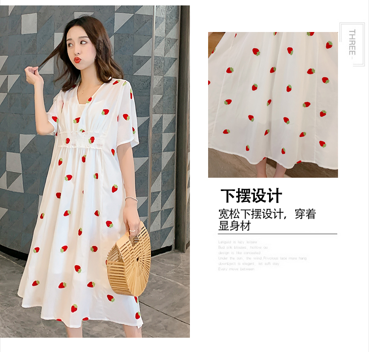 Váy bà bầu hè 2019 thời trang mới Hàn Quốc thêu dâu tây ngắn tay Váy bà bầu rộng kích cỡ váy - Áo thai sản đầm bầu