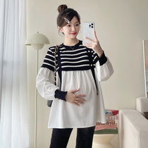 Maternity clothing autumn fake two-piece spliced striped long-sleeved tops loose large size casual babydolls spring and autumn clothes autumn